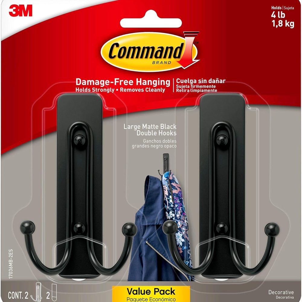 Command Large Matte Black Double Hooks, 2 Hooks and 2 Command Strips, Damage Free Hanging Wall Hooks with Adhesive Strips, No Tools Coat Hooks for Hanging Home Decor, Holds up to 4 lb