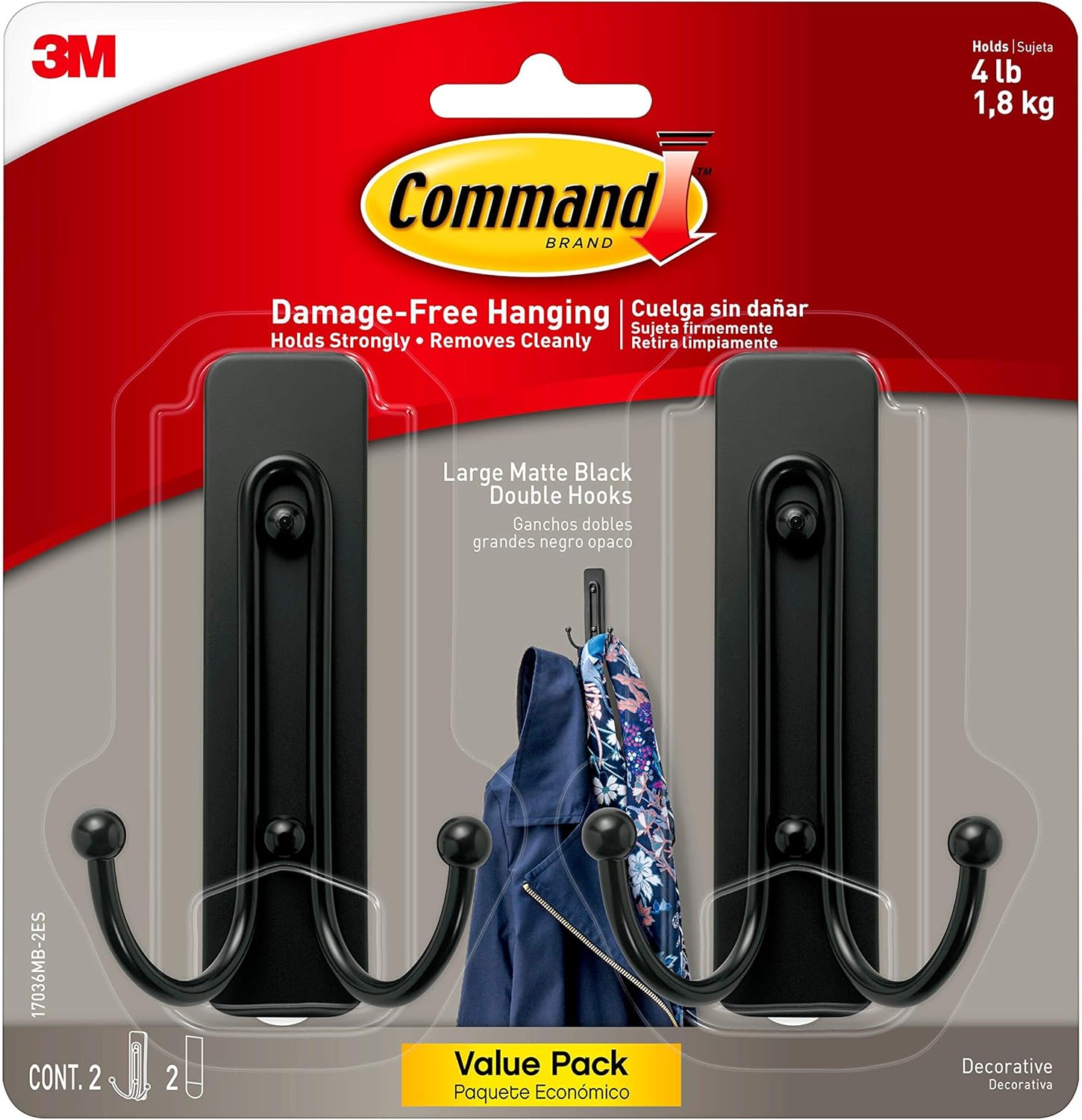 Command Large Matte Black Double Hooks, 2 Hooks and 2 Command Strips, Damage Free Hanging Wall Hooks with Adhesive Strips, No Tools Coat Hooks for Hanging Home Decor, Holds up to 4 lb